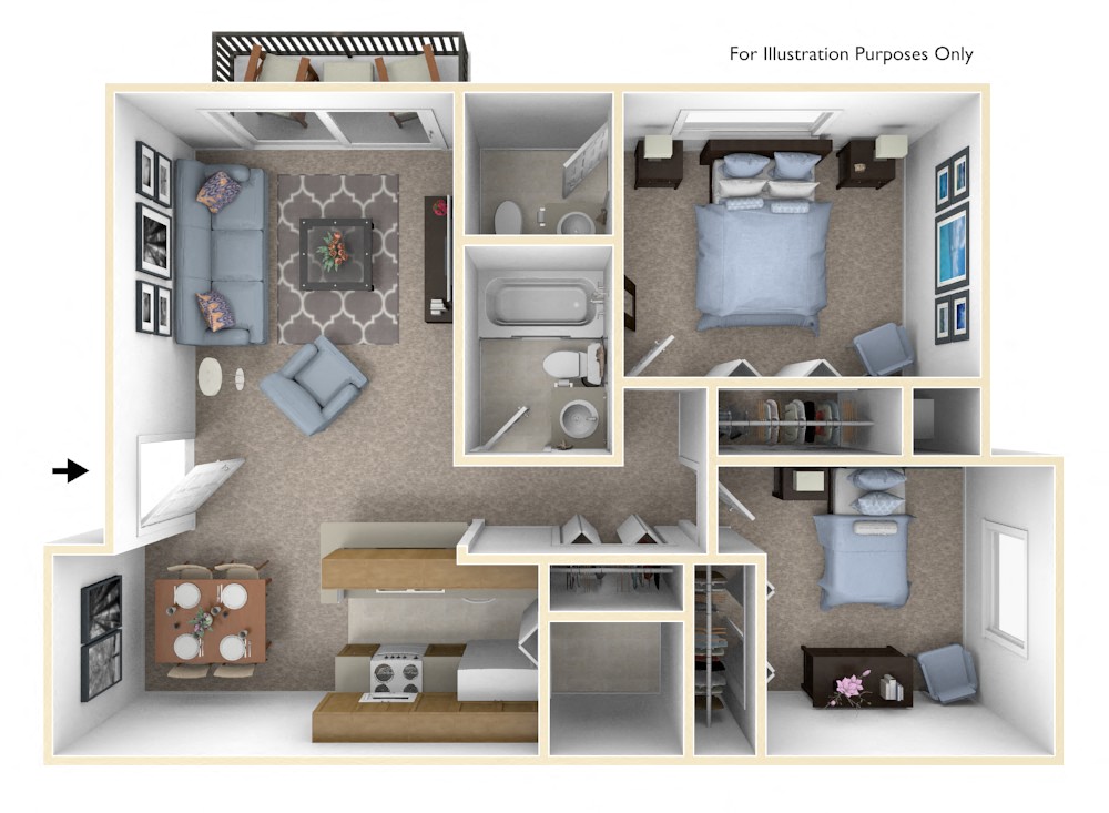 Floor plan for 2 beds, 1.5 baths, 880 sqft